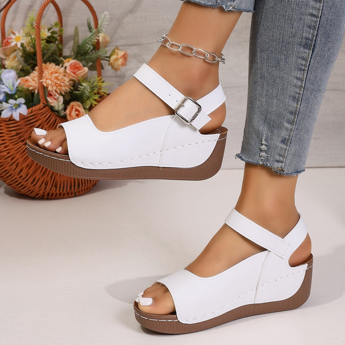 Women's Platform Wedge Sandals with Ankle Buckle Strap – Open Toe Peep Toe Summer Shoes (6cm Wedge)