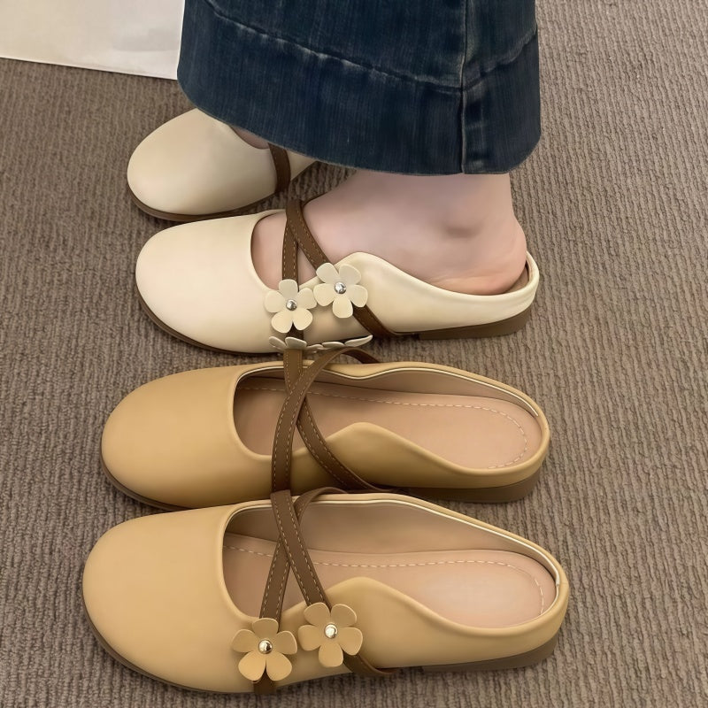Flower Decor Flat Mule Slippers - Cross Strap Design