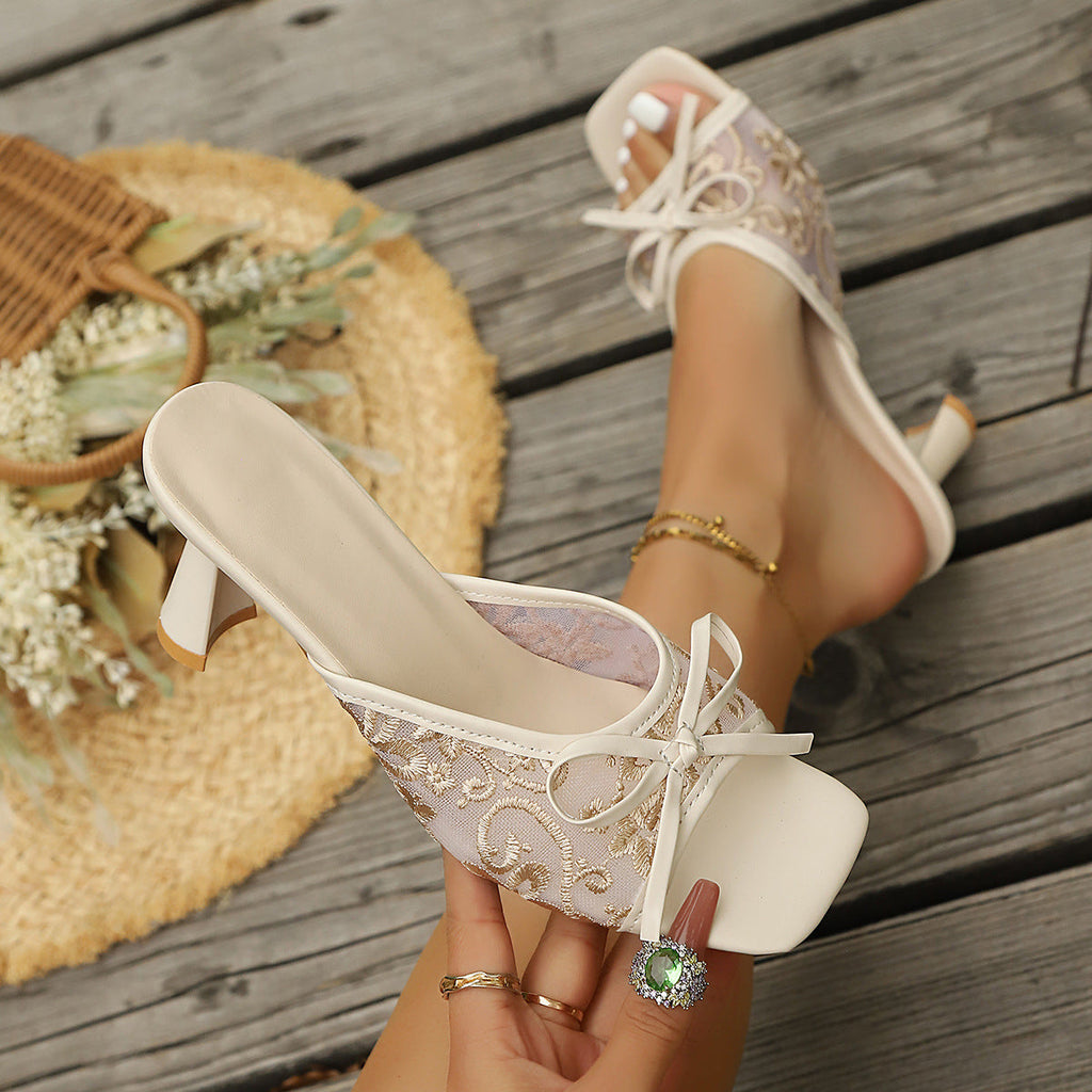 Square Toe Lace Bow Kitten Heel Mules – Sexy Mesh Slip-on Sandals
