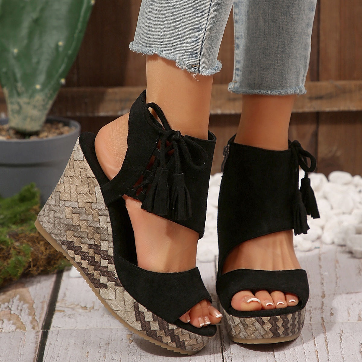 Women's Peep Toe Woven Wedge Platform Sandals with Tassel Ankle Tie