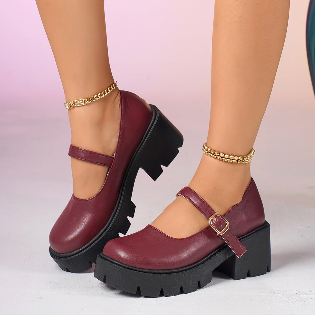 Women's Chunky Platform Mary Jane Shoes with Buckle Strap – Thick Lug Sole Block Heel Flats
