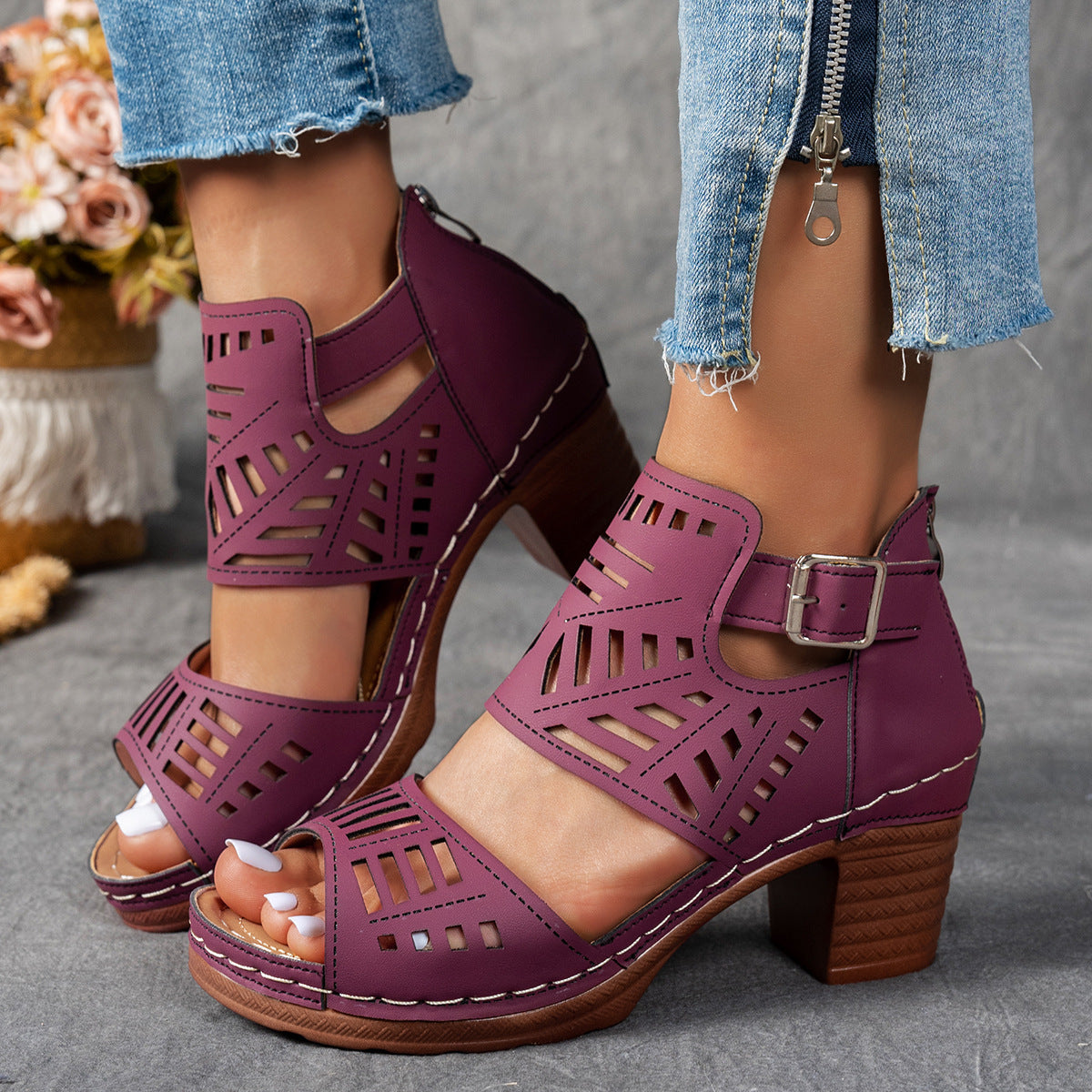 Women's Cutout Peep Toe Block Heel Sandals with Ankle Buckle & Zipper