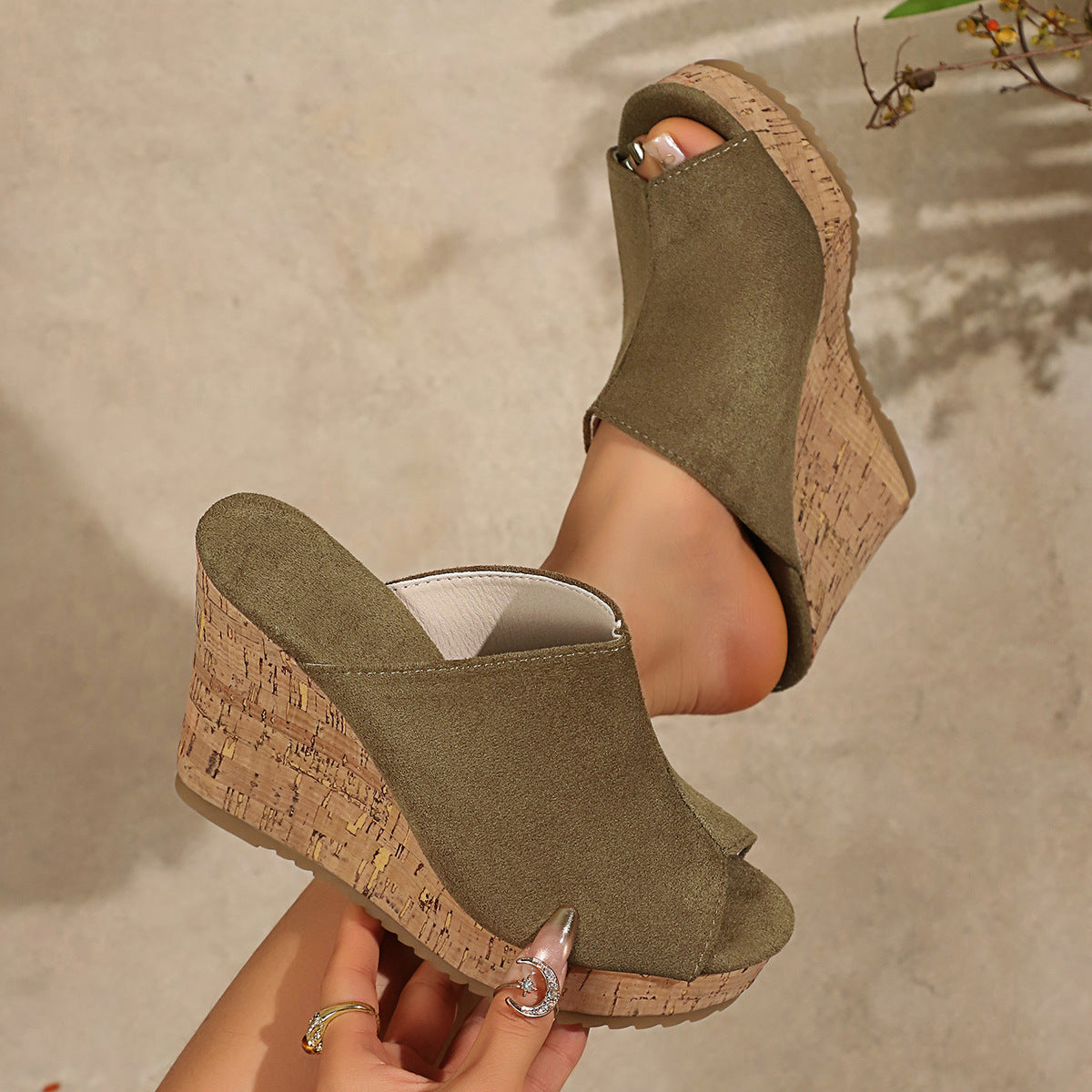 Platform Cork Wedge Mules with Open Toe