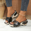 Women's Peep Toe Buckle Platform Mules with Leopard Print & Woven Block Heel