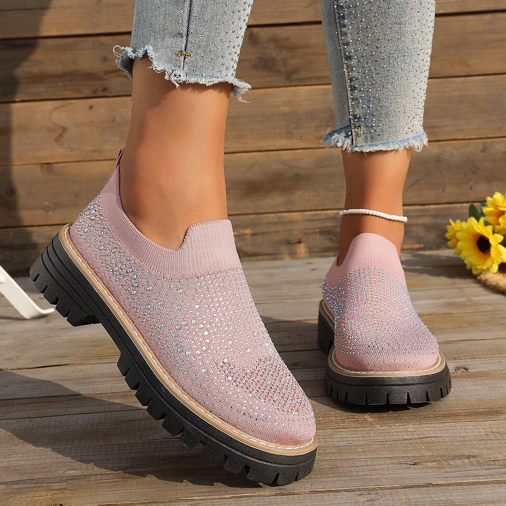 Women's Sparkly Rhinestone Knit Platform Slip-On Loafers