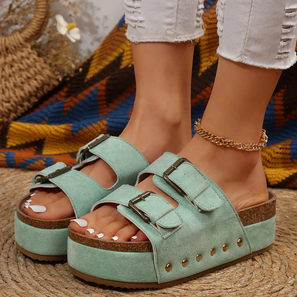 Women's Double Buckle Platform Cork Sandals - Thick Sole Summer Slides
