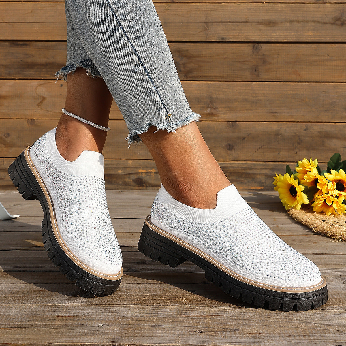 Women's Sparkly Rhinestone Knit Platform Slip-On Loafers