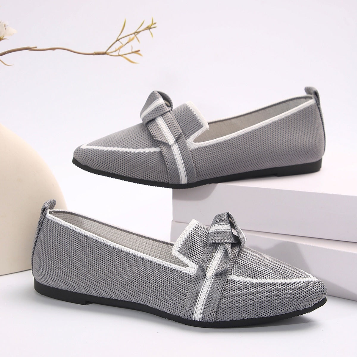 Women's Pointed Toe Knit Bow Loafers - Breathable Mesh Slip-On Flats