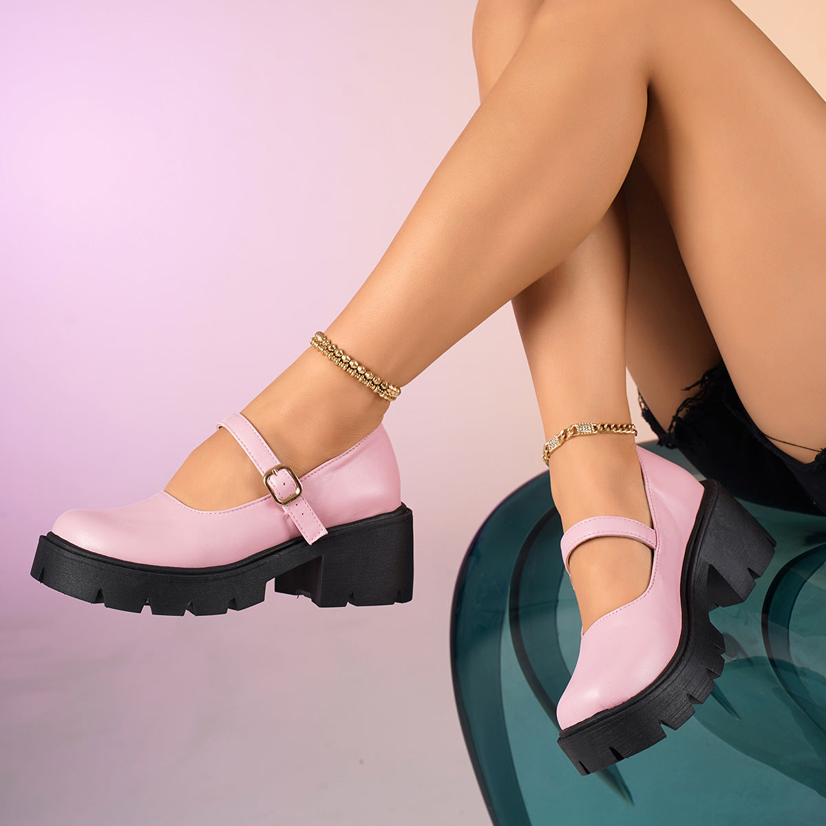 Women's Chunky Platform Mary Jane Shoes with Buckle Strap – Thick Lug Sole Block Heel Flats