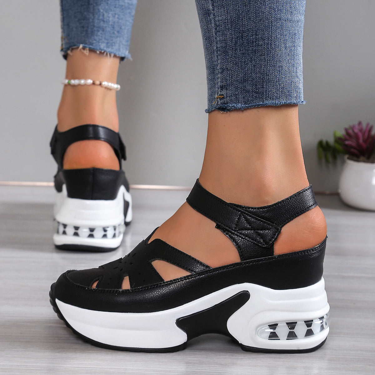 Women's Chunky Platform Cut-Out Sandals – Sporty Air Cushion Ankle Strap Fisherman Sandals