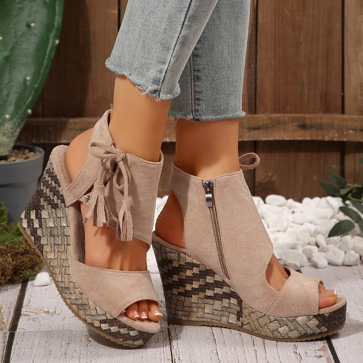 Women's Peep Toe Woven Wedge Platform Sandals with Tassel Ankle Tie