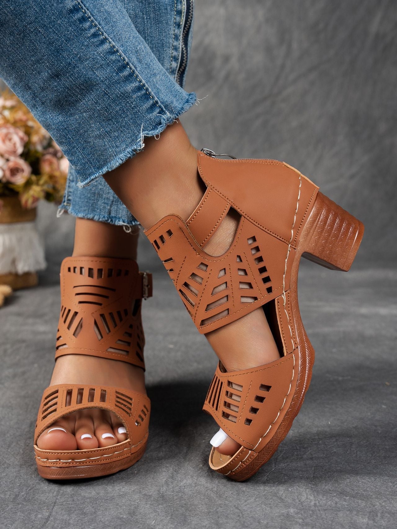 Women's Cutout Peep Toe Block Heel Sandals with Ankle Buckle & Zipper