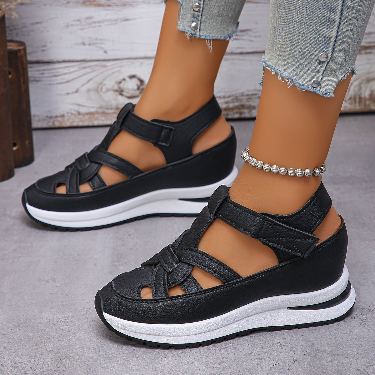 Women's Platform Wedge Sandals - Comfortable Braided Strap Velcro Sporty Sandals