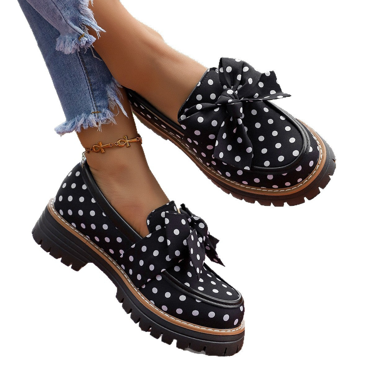 Women's Polka Dot Bow Platform Loafers – Chunky Lug Sole Slip-On Loafers