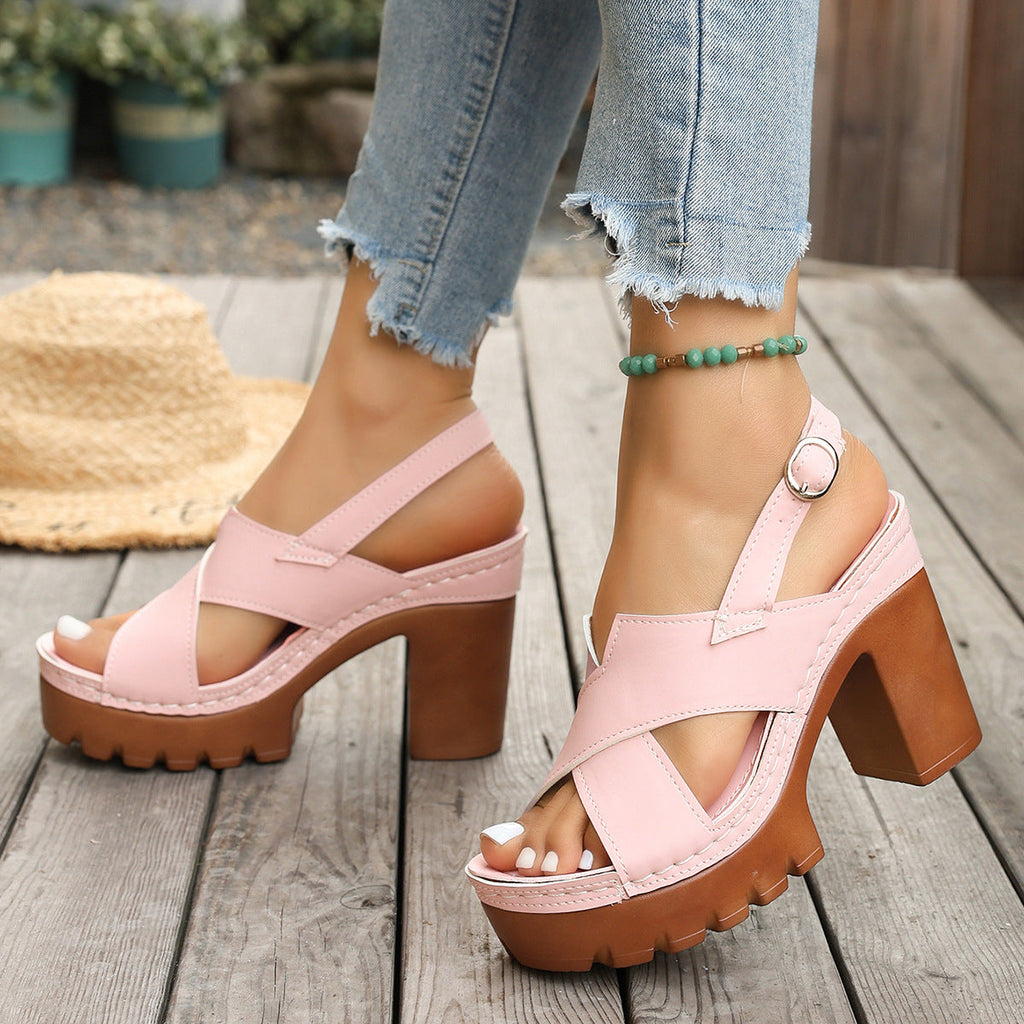 Women's Criss-Cross Platform Block Heel Sandals with Ankle Buckle
