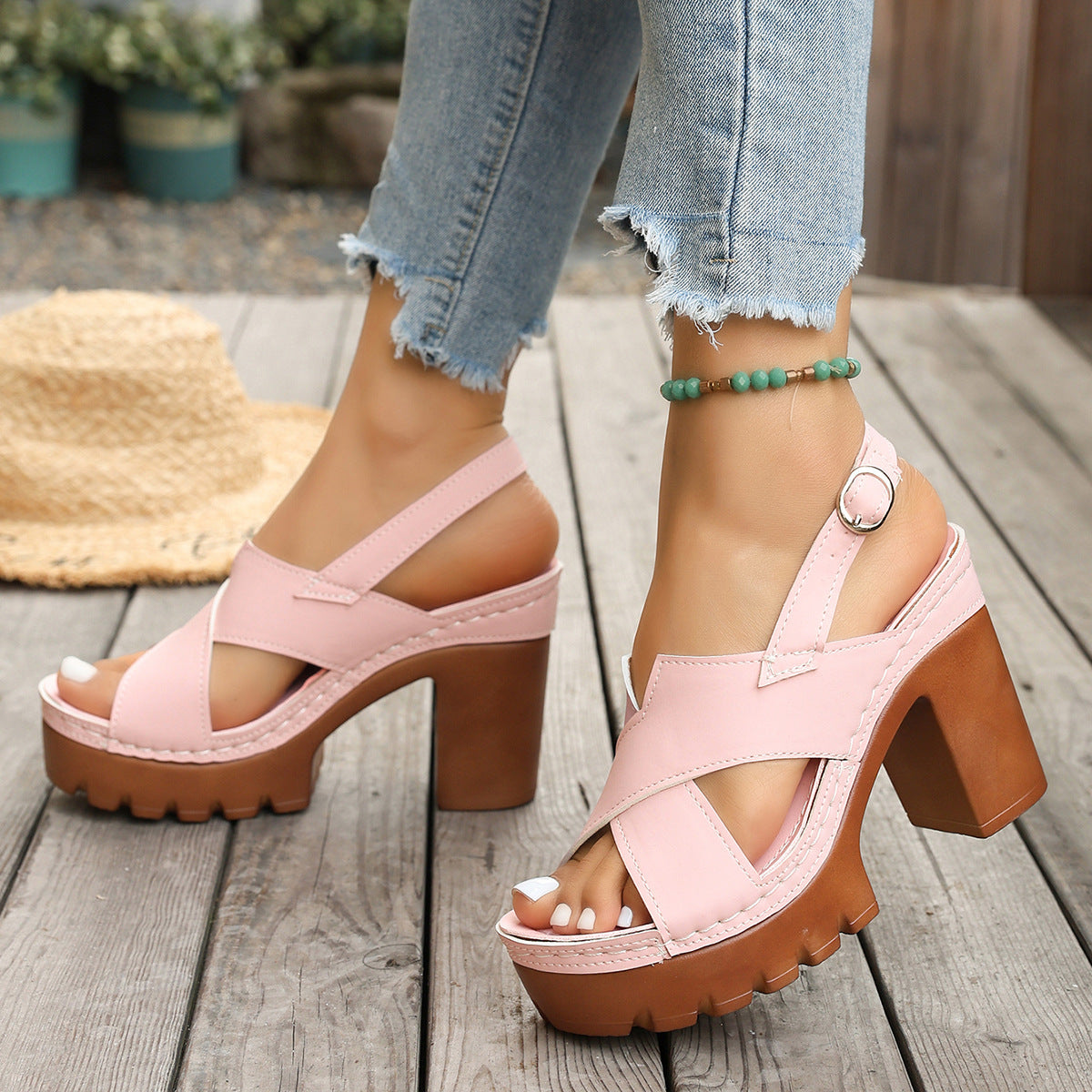 Women's Criss-Cross Platform Block Heel Sandals with Ankle Buckle