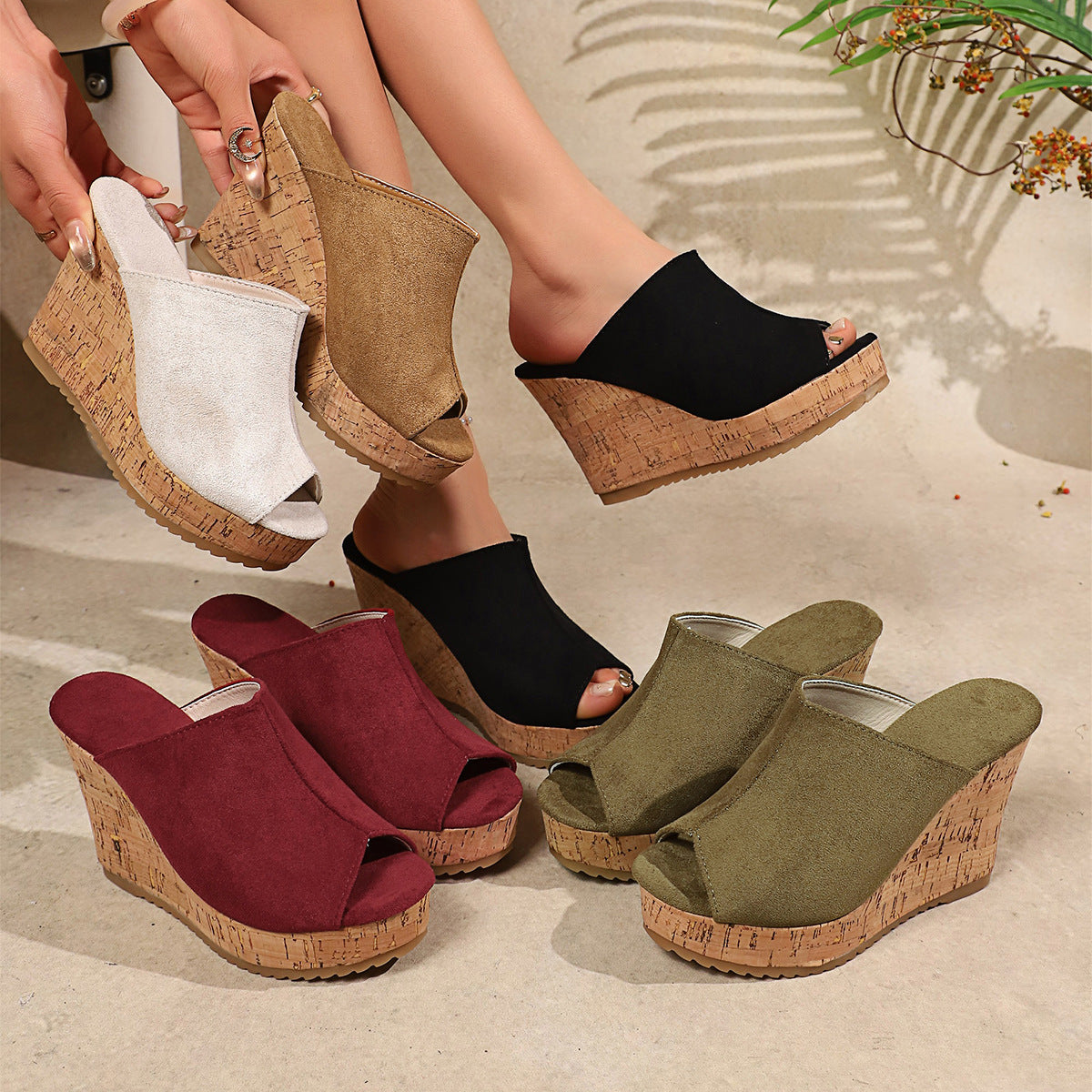 Platform Cork Wedge Mules with Open Toe