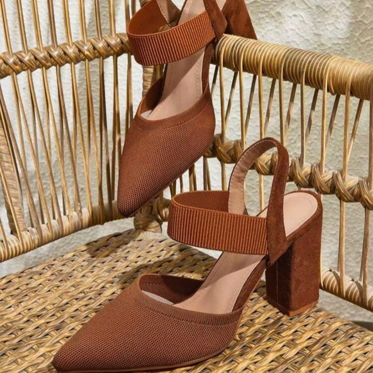 Women's 6-8cm Block Heel Slingback Pumps – Pointed Toe Elastic Strap Chunky Heels