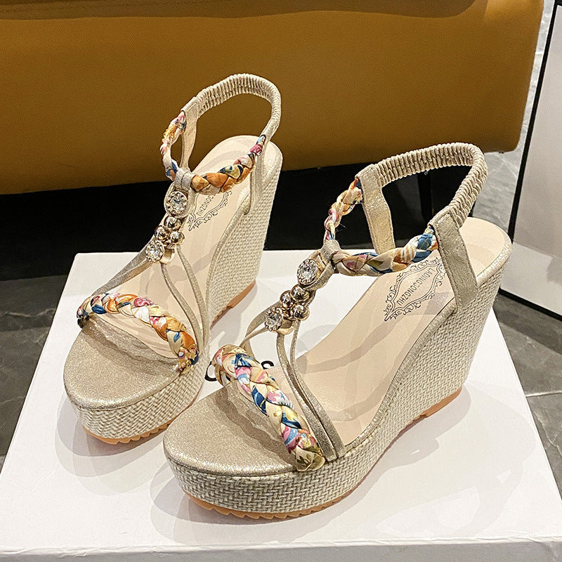 Chic 9CM Platform Wedge Sandals for Women - Braided Rhinestone Strappy Summer Heels