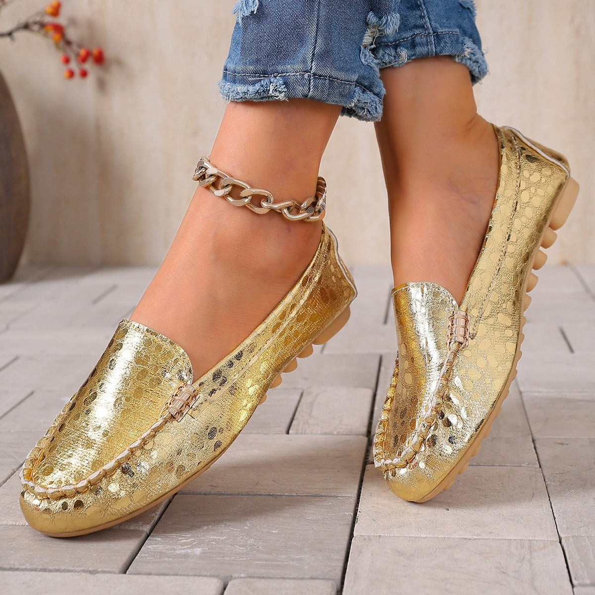 Women's Casual Slip-On Loafers with Decorative Metal Buckle
