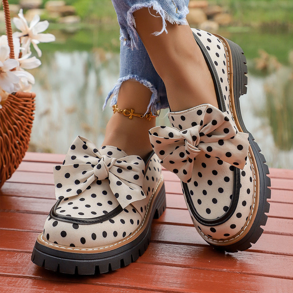 Women's Polka Dot Bow Platform Loafers – Chunky Lug Sole Slip-On Loafers