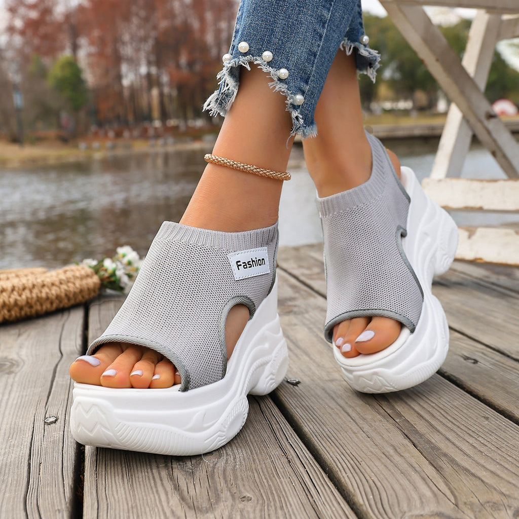 Women's Knit Platform Slip-On Sandals – Chunky White Sole Open Toe Mules