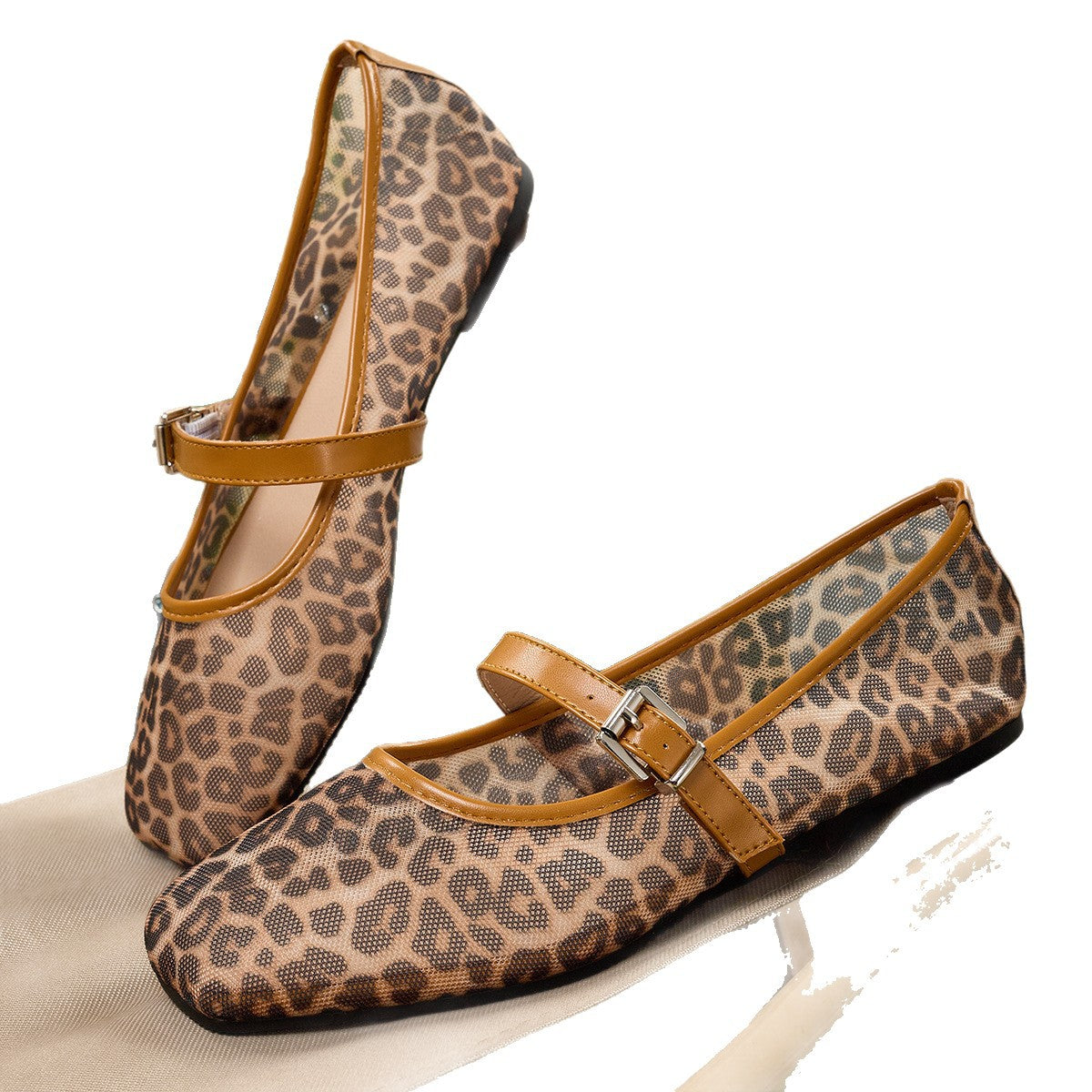 Women's Leopard Print Mesh Mary Jane Flats with Buckle Strap