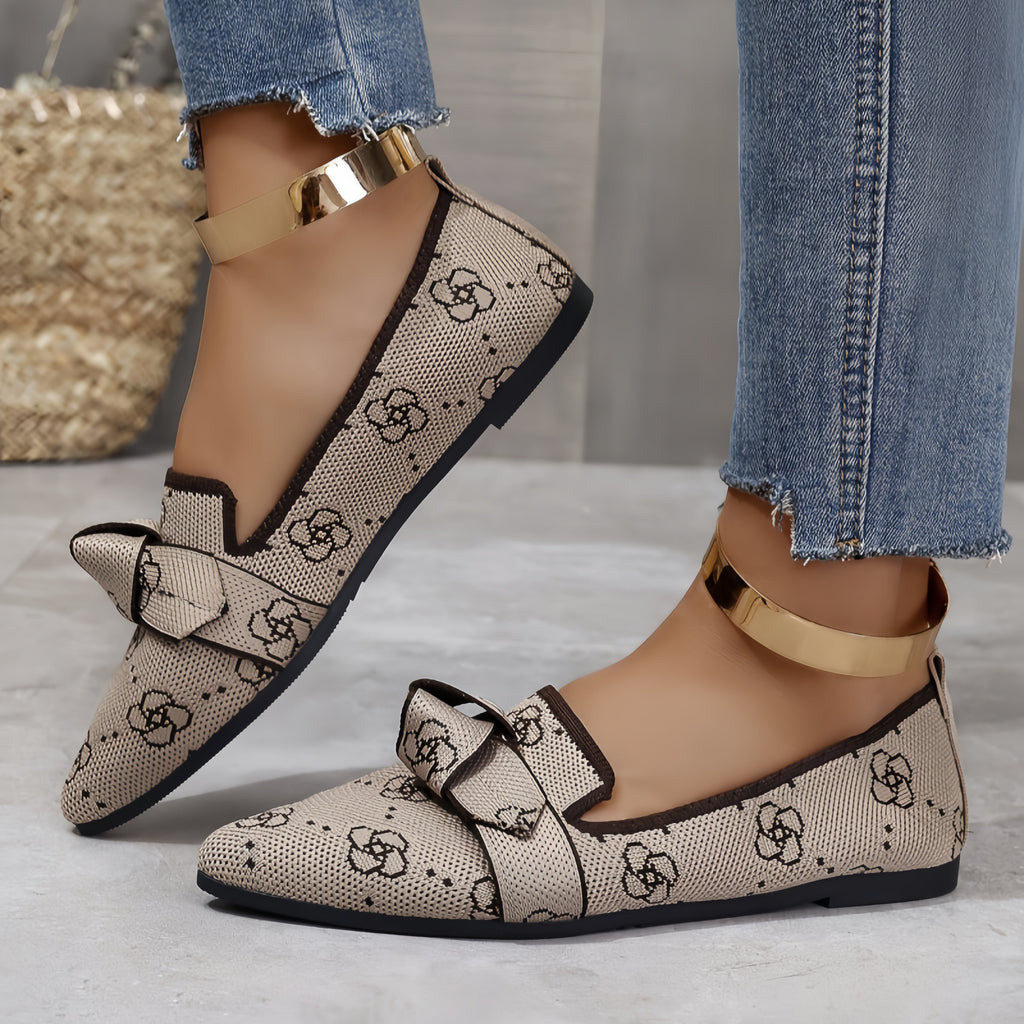 Women's Pointed Toe Knit Bow Loafers - Breathable Mesh Slip-On Flats