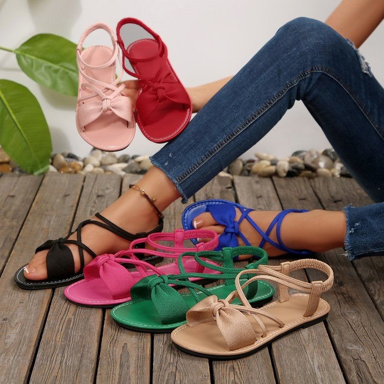 Women's Crisscross Strappy Bow Flat Sandals – Elegant Summer Gladiator Style