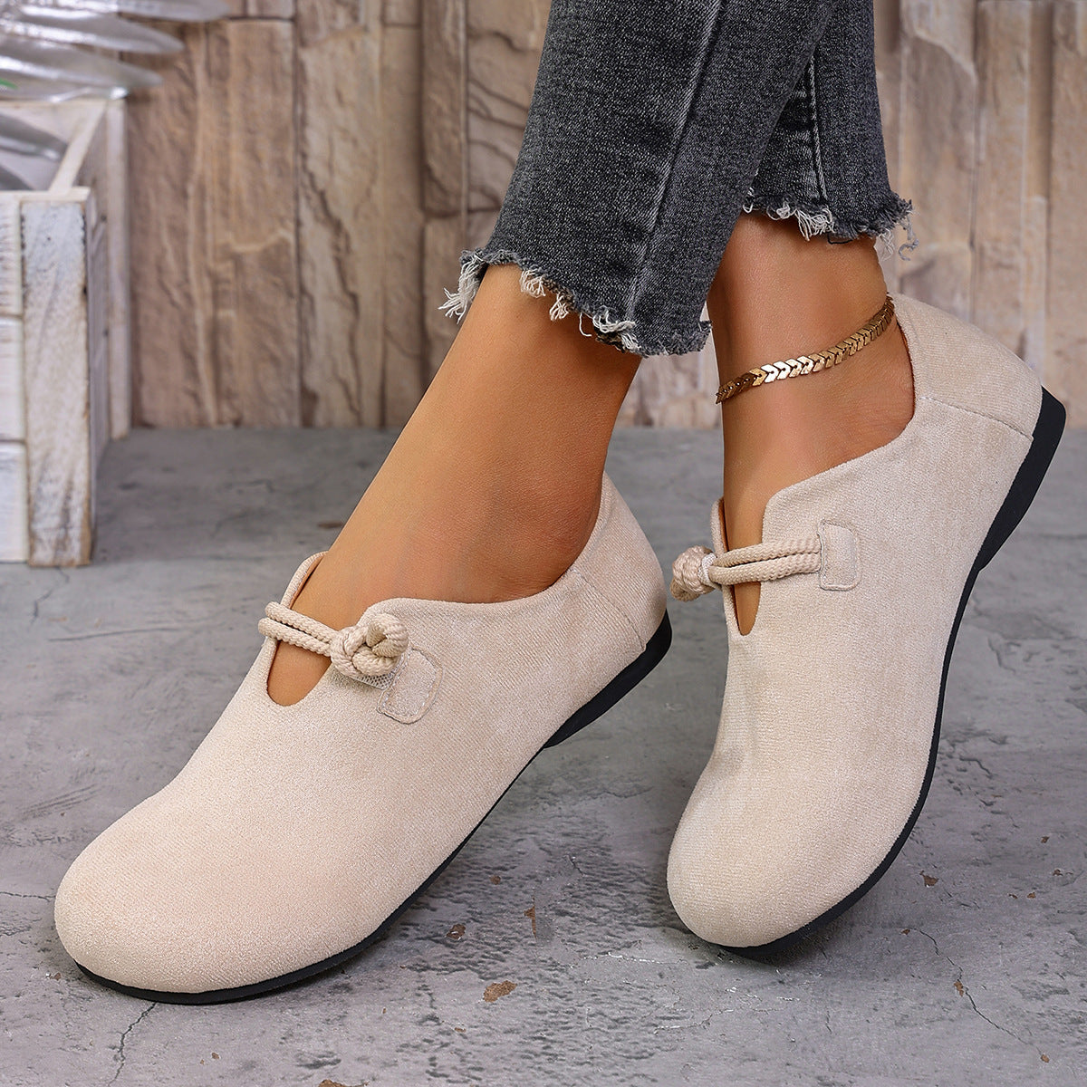 Women's Knot Strap Suede Mary Jane Flats – Comfortable Casual Low Heel Shoes