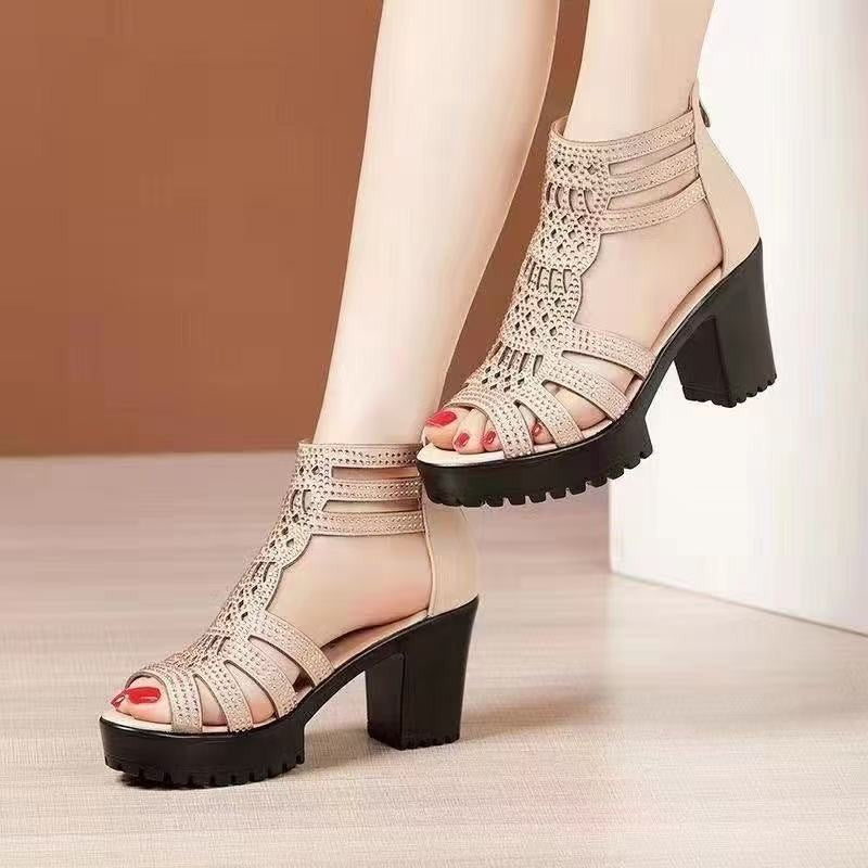 Women's Hollow-Out Platform Block Heel Sandals – Rhinestone Cutout Strappy Peep Toe Heels