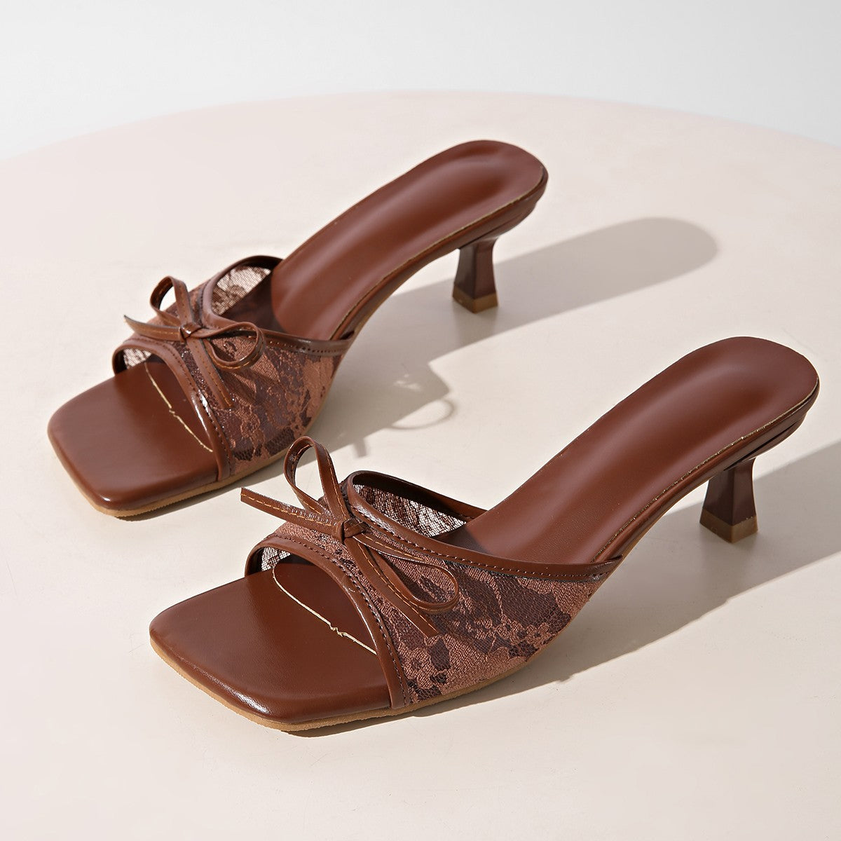 Square Toe Lace Bow Kitten Heel Mules – Sexy Mesh Slip-on Sandals