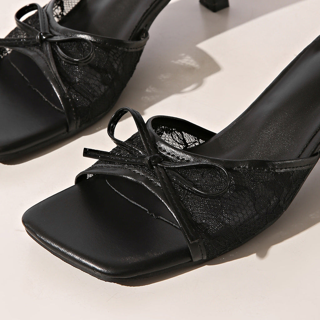 Square Toe Lace Bow Kitten Heel Mules – Sexy Mesh Slip-on Sandals