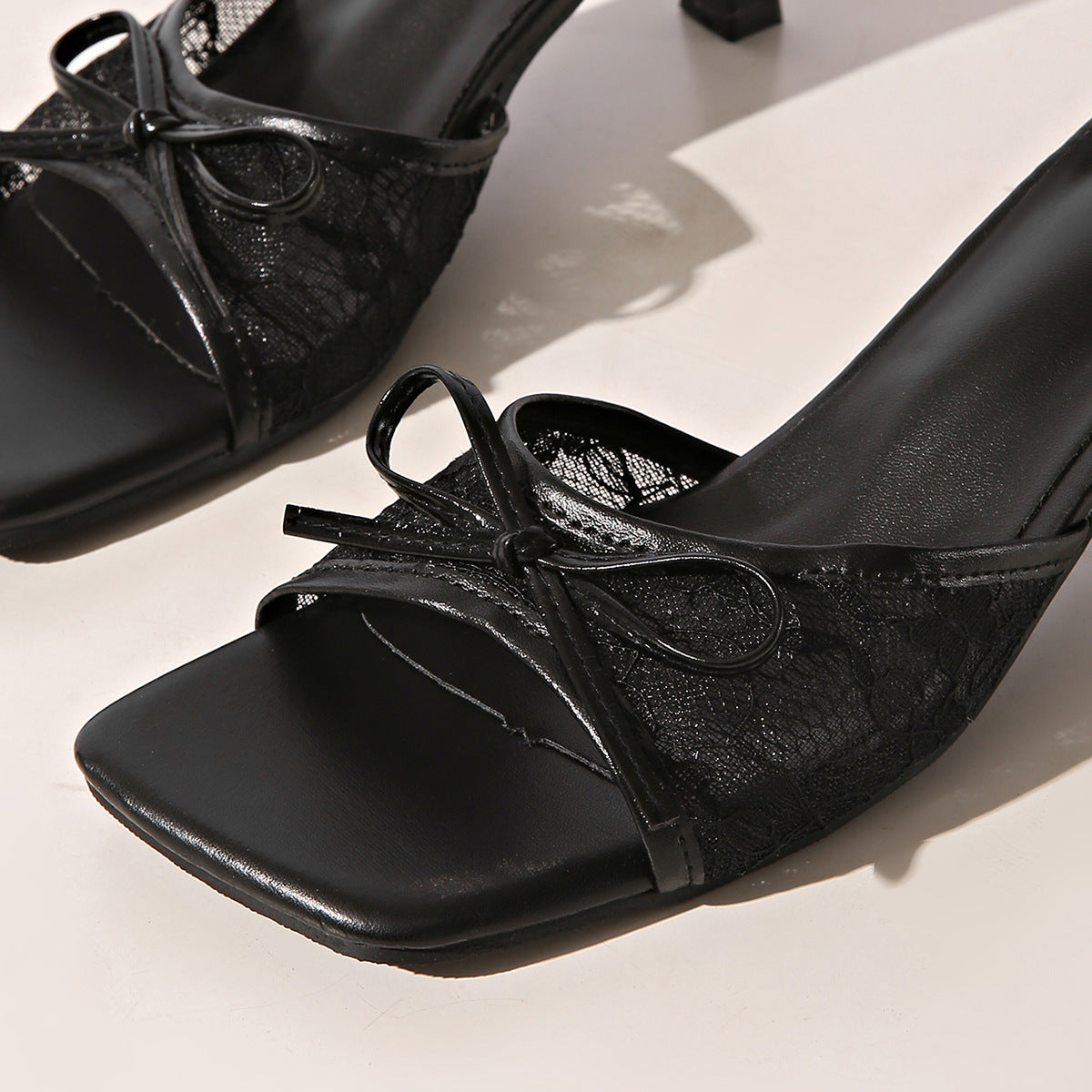 Square Toe Lace Bow Kitten Heel Mules – Sexy Mesh Slip-on Sandals