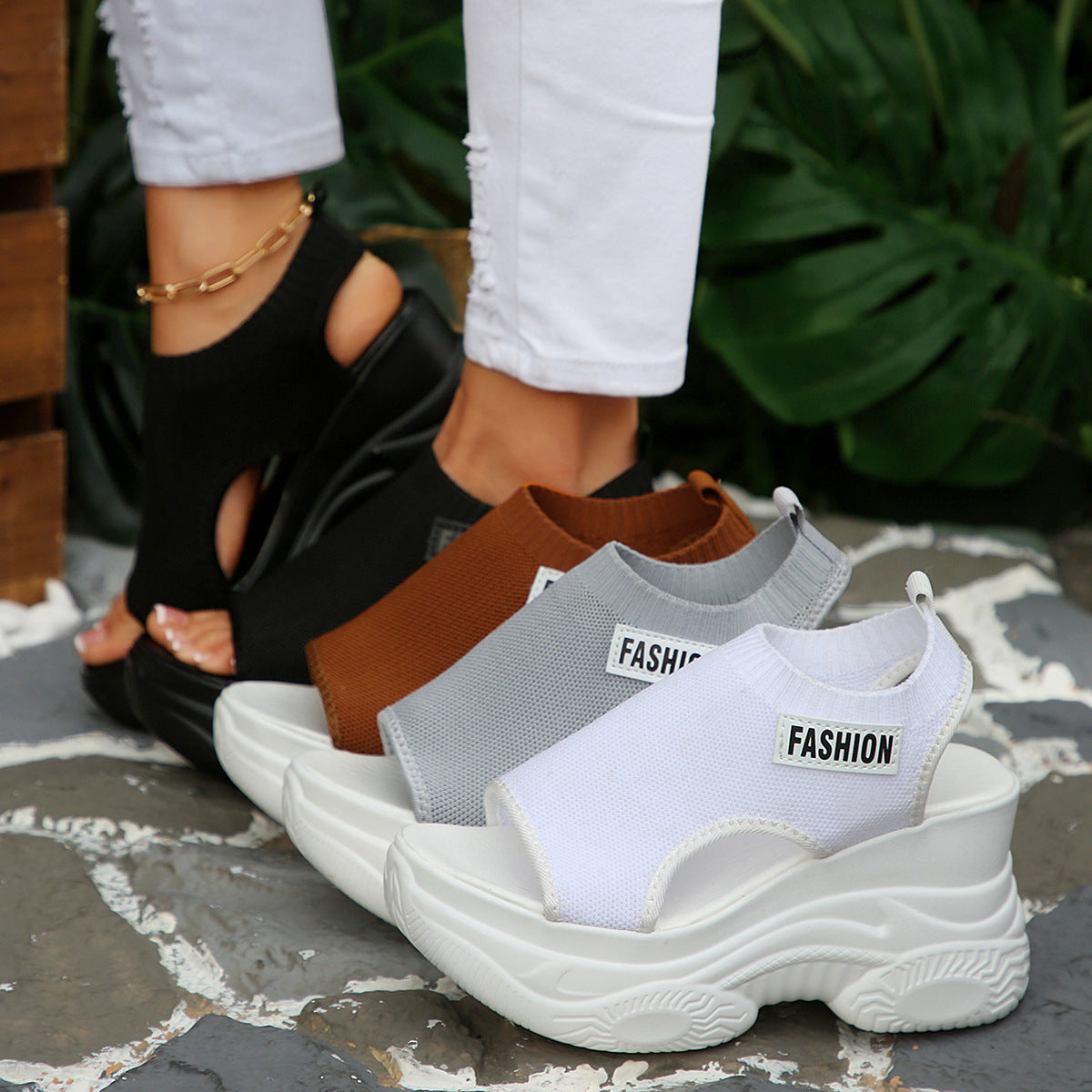 Women's Knit Platform Slip-On Sandals – Chunky White Sole Open Toe Mules