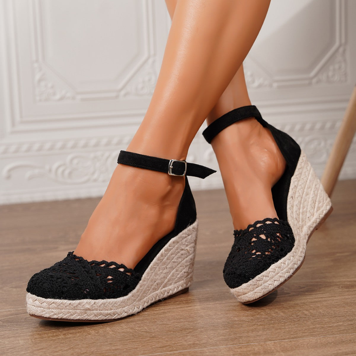 Women's Crochet Espadrille Wedge Sandals with Ankle Buckle