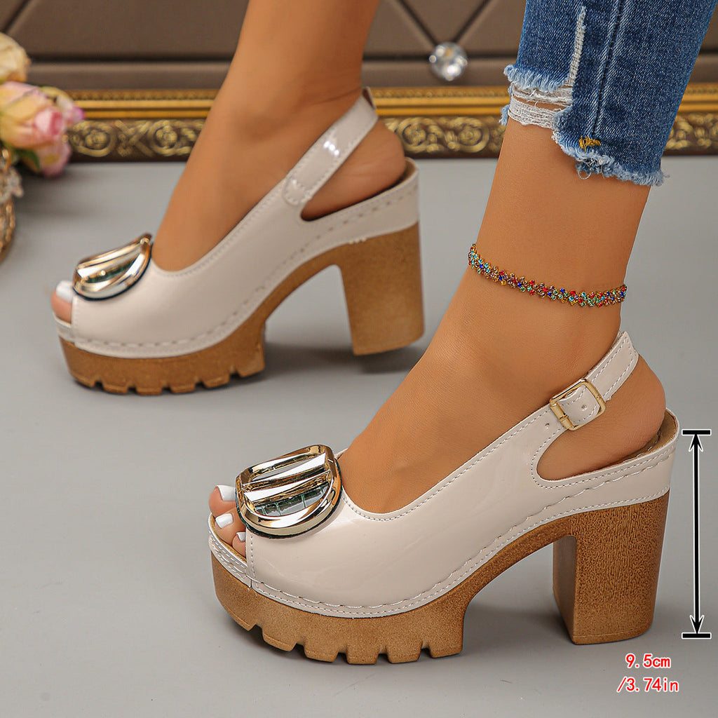 Women's Peep Toe Platform Chunky Block Heel Sandals – Metallic Buckle Ankle Strap
