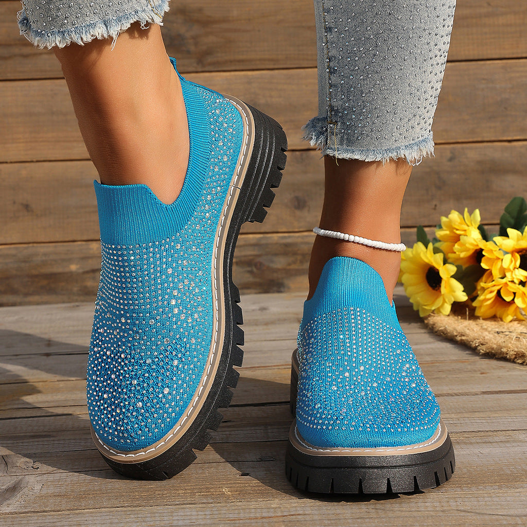 Women's Sparkly Rhinestone Knit Platform Slip-On Loafers