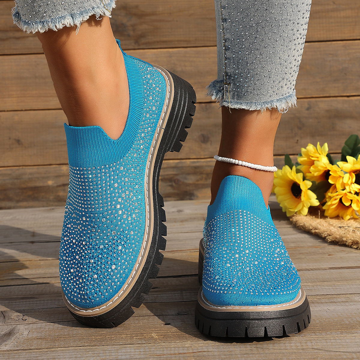 Women's Sparkly Rhinestone Knit Platform Slip-On Loafers