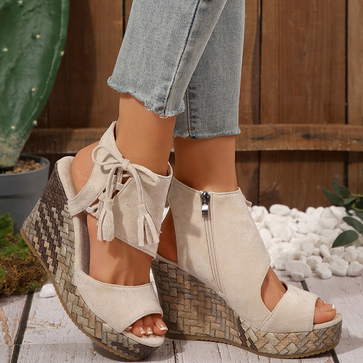 Women's Peep Toe Woven Wedge Platform Sandals with Tassel Ankle Tie