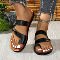 Women's Double Strap Toe Ring Flat Sandals with Flower Buckle – Casual Comfy Summer Slides