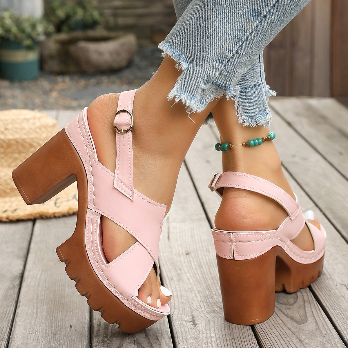 Women's Criss-Cross Platform Block Heel Sandals with Ankle Buckle