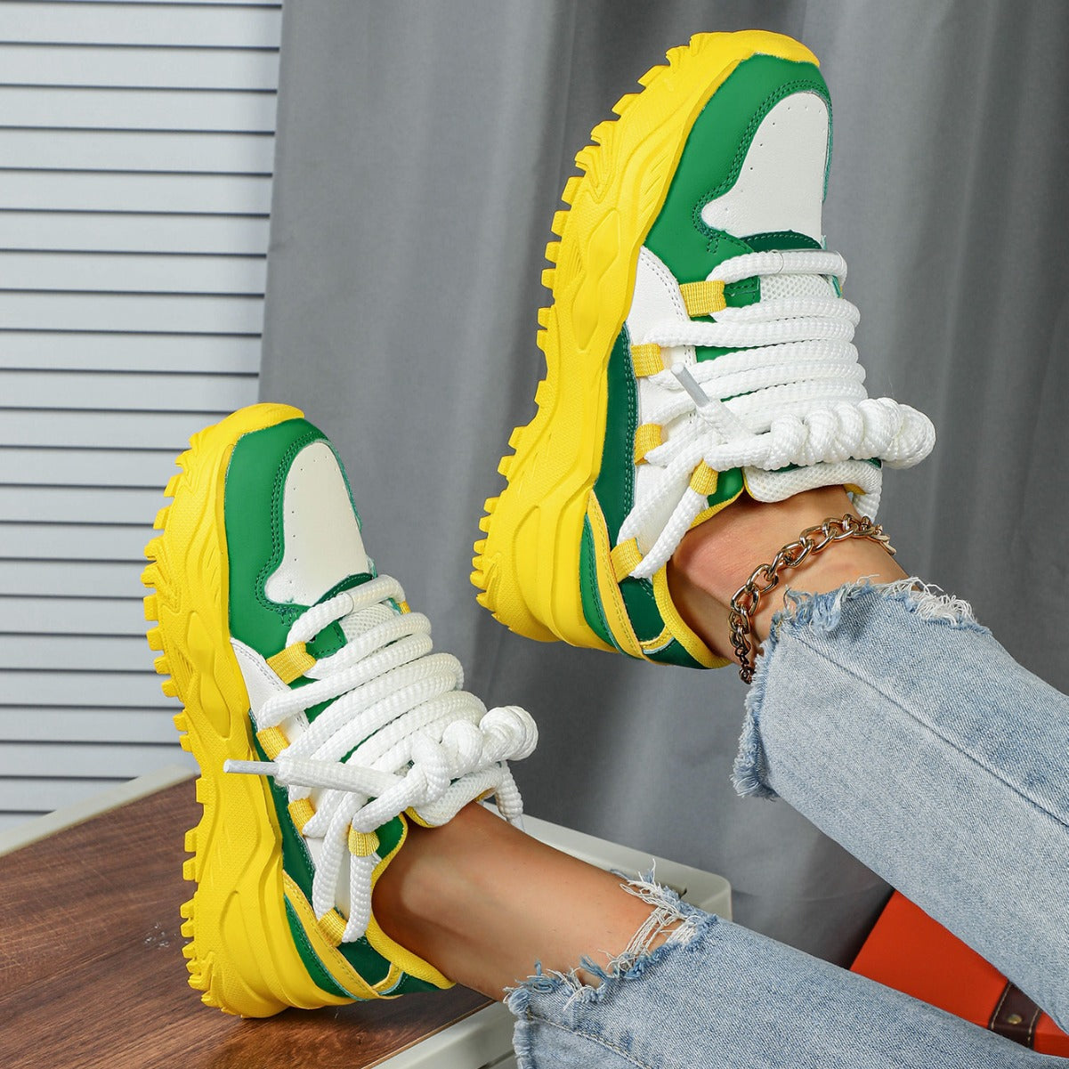 Women's Chunky Platform Colorblock Sneakers – Thick Sole Rope Lace Dad Shoes