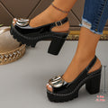 Women's Peep Toe Platform Chunky Block Heel Sandals – Metallic Buckle Ankle Strap