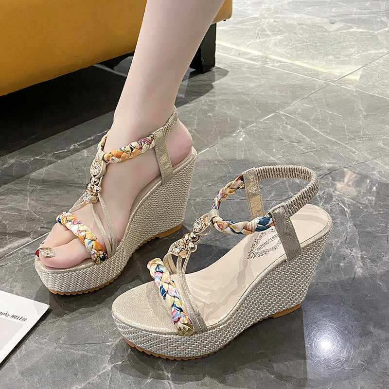 Chic 9CM Platform Wedge Sandals for Women - Braided Rhinestone Strappy Summer Heels