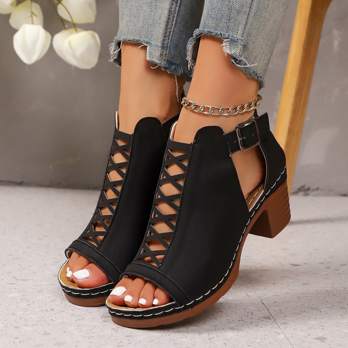 Women's Crisscross Cutout Peep Toe Block Heel Sandals – Ankle Buckle Strap Chunky Heels