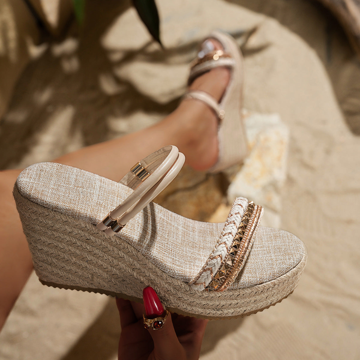Women's Espadrille Wedge Platform Sandals – Double Strap Braided Metallic Detail