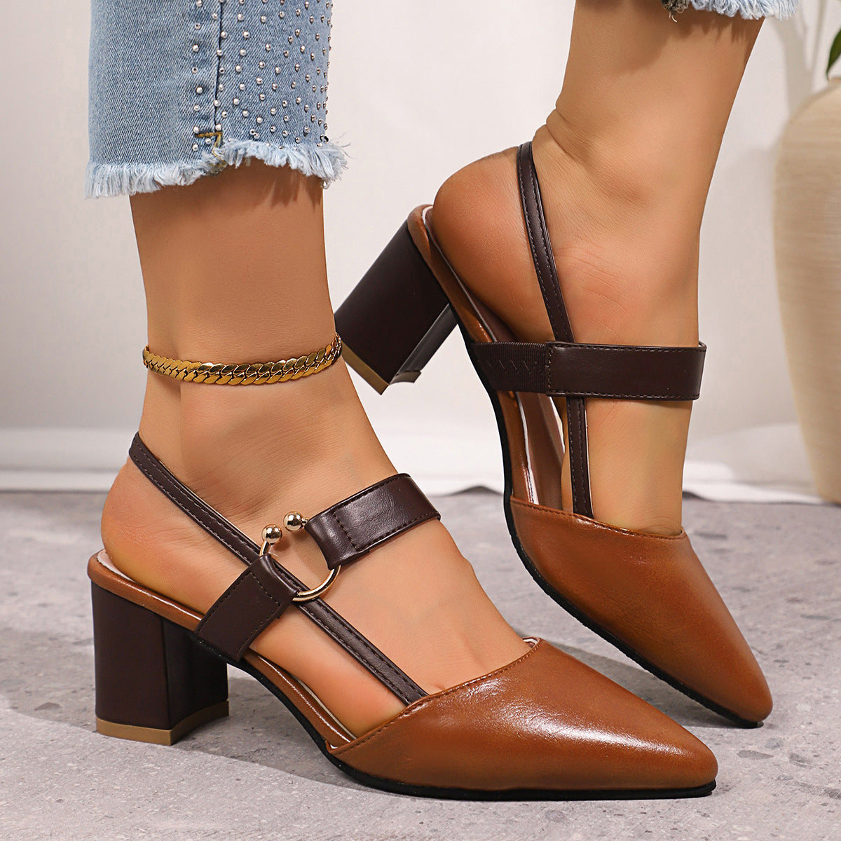 Women's Pointed Toe Block Heel Slingback Pumps – Ankle Strap Ring Buckle Chunky Heels