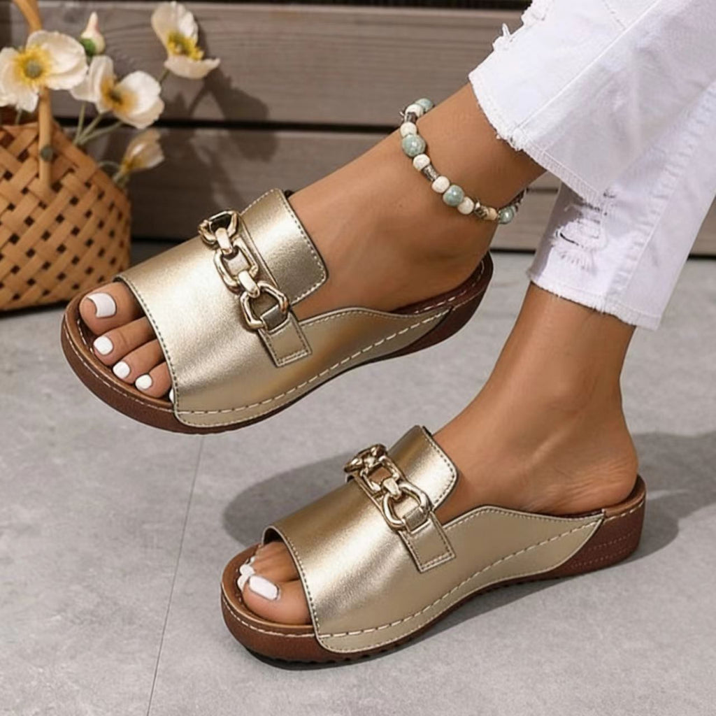 Women's Chain Buckle Peep Toe Wedge Platform Mules