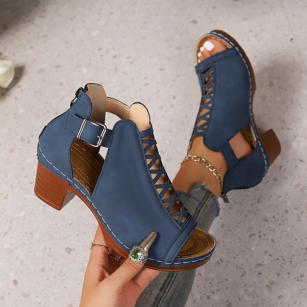 Women's Crisscross Cutout Peep Toe Block Heel Sandals – Ankle Buckle Strap Chunky Heels